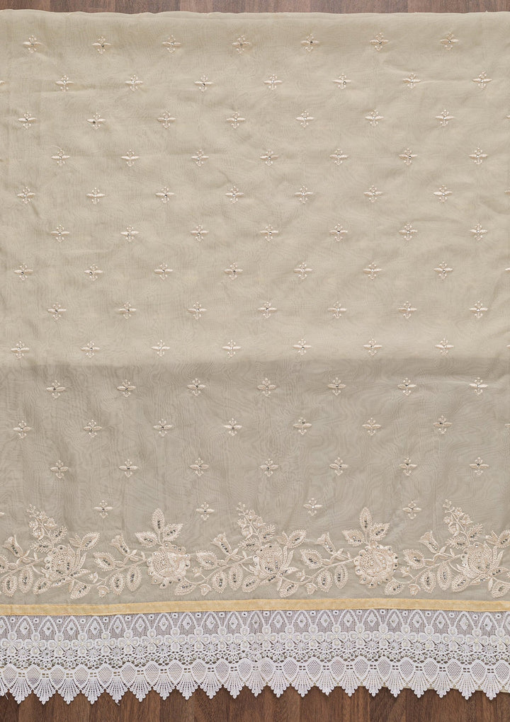 Beige Threadwork Organza Unstitched Salwar Suit-Koskii