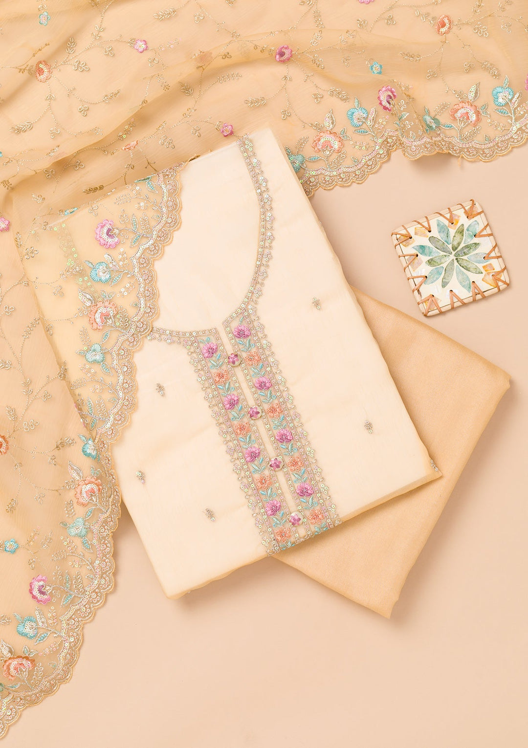 Beige Threadwork Organza Unstitched Salwar Suit-Koskii