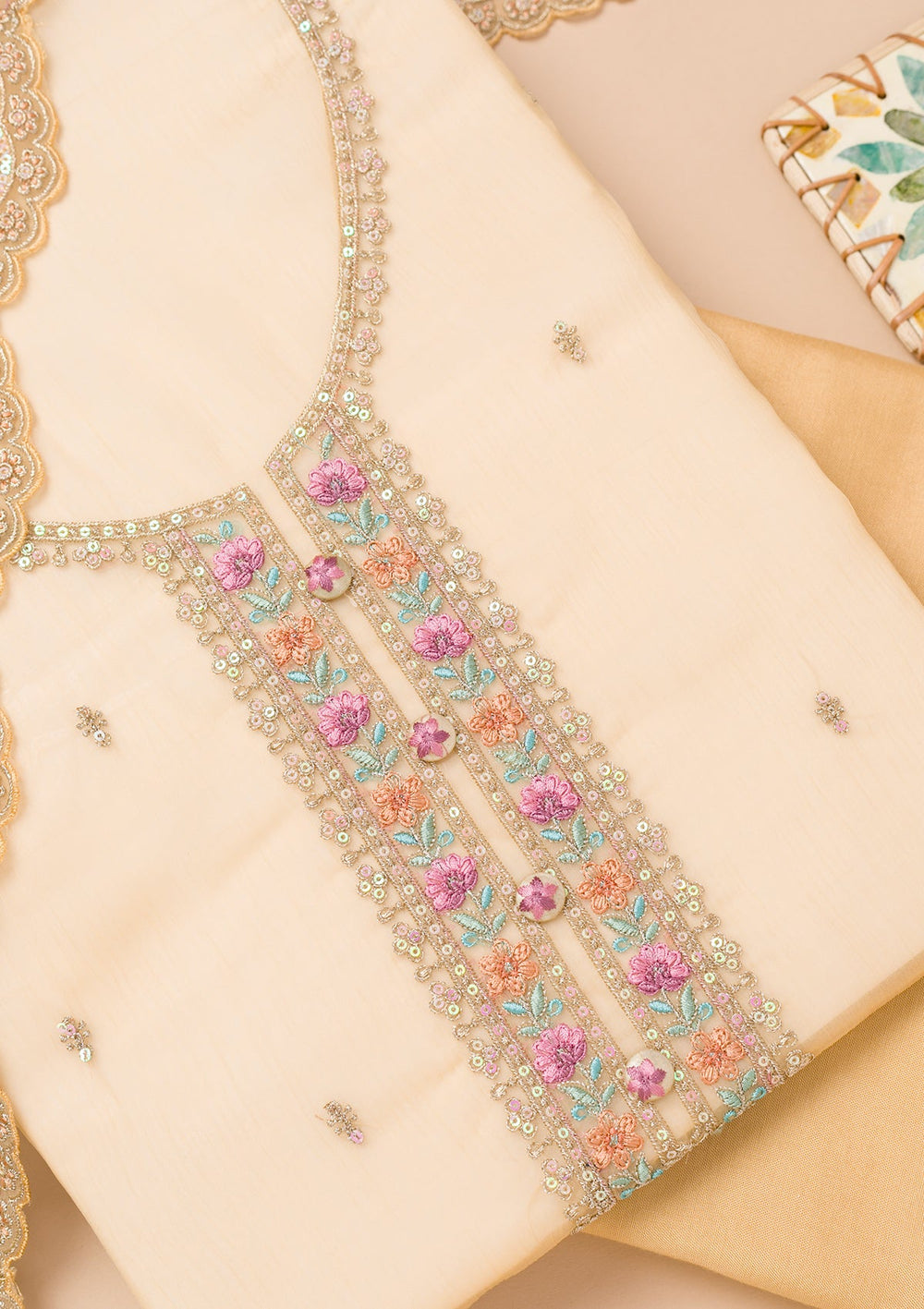Beige Threadwork Organza Unstitched Salwar Suit-Koskii
