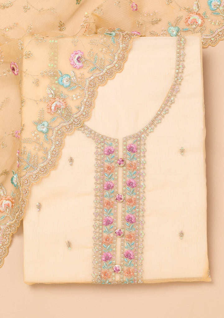 Beige Threadwork Organza Unstitched Salwar Suit-Koskii