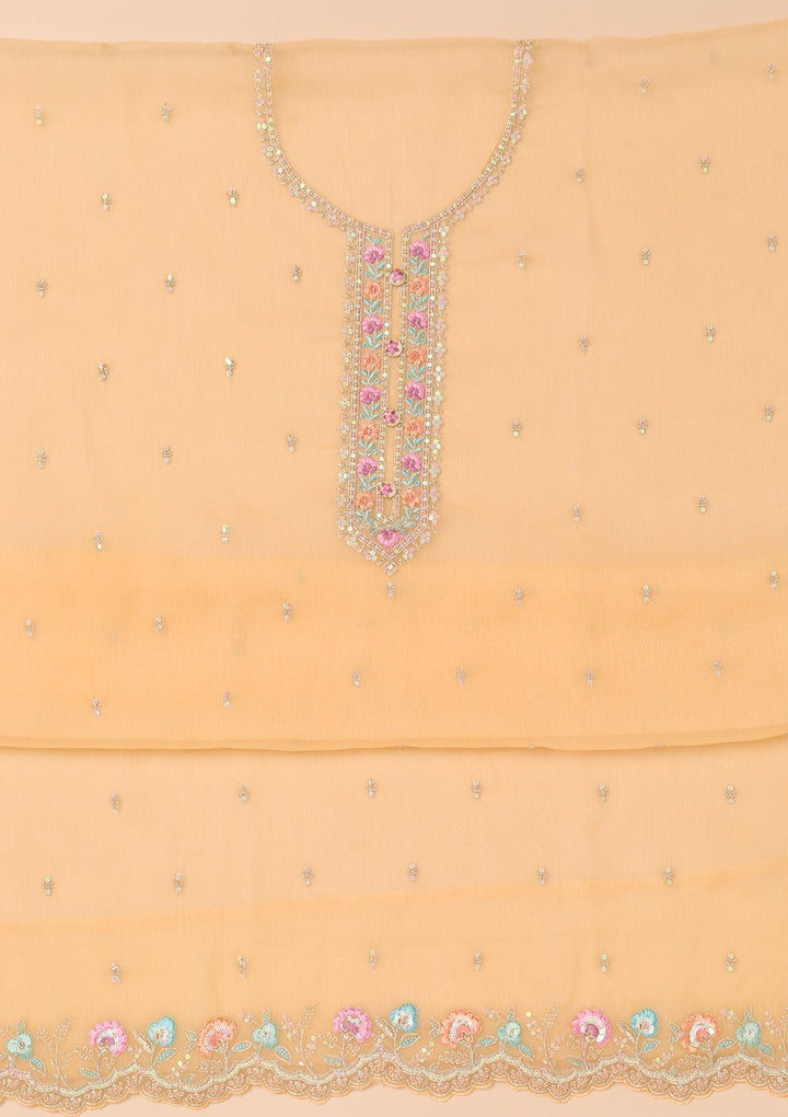 Beige Threadwork Organza Unstitched Salwar Suit-Koskii