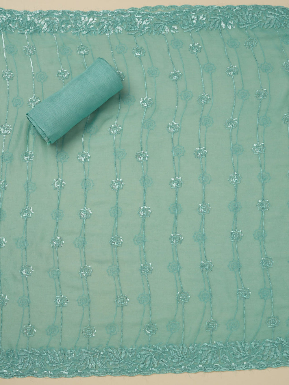 Sky Blue Threadwork Organza Unstitched Salwar Suit-Koskii