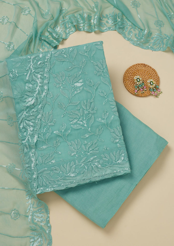 Sky Blue Threadwork Organza Unstitched Salwar Suit-Koskii