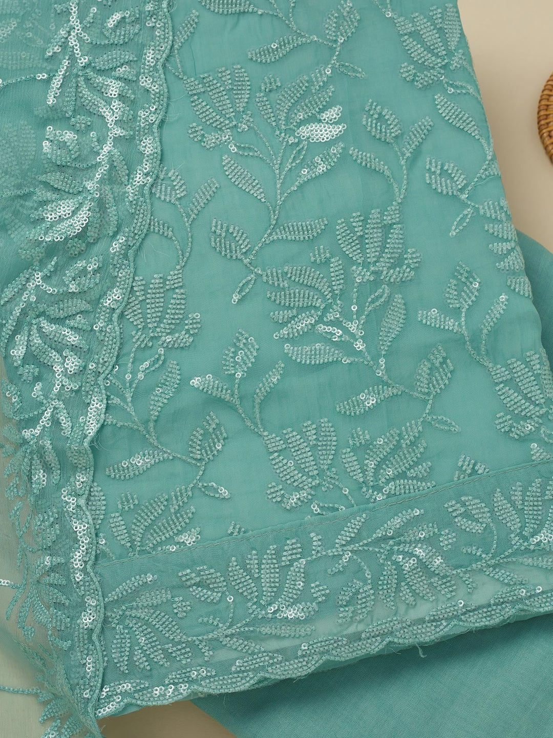 Sky Blue Threadwork Organza Unstitched Salwar Suit-Koskii
