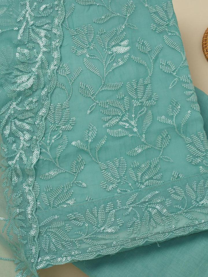 Sky Blue Threadwork Organza Unstitched Salwar Suit-Koskii