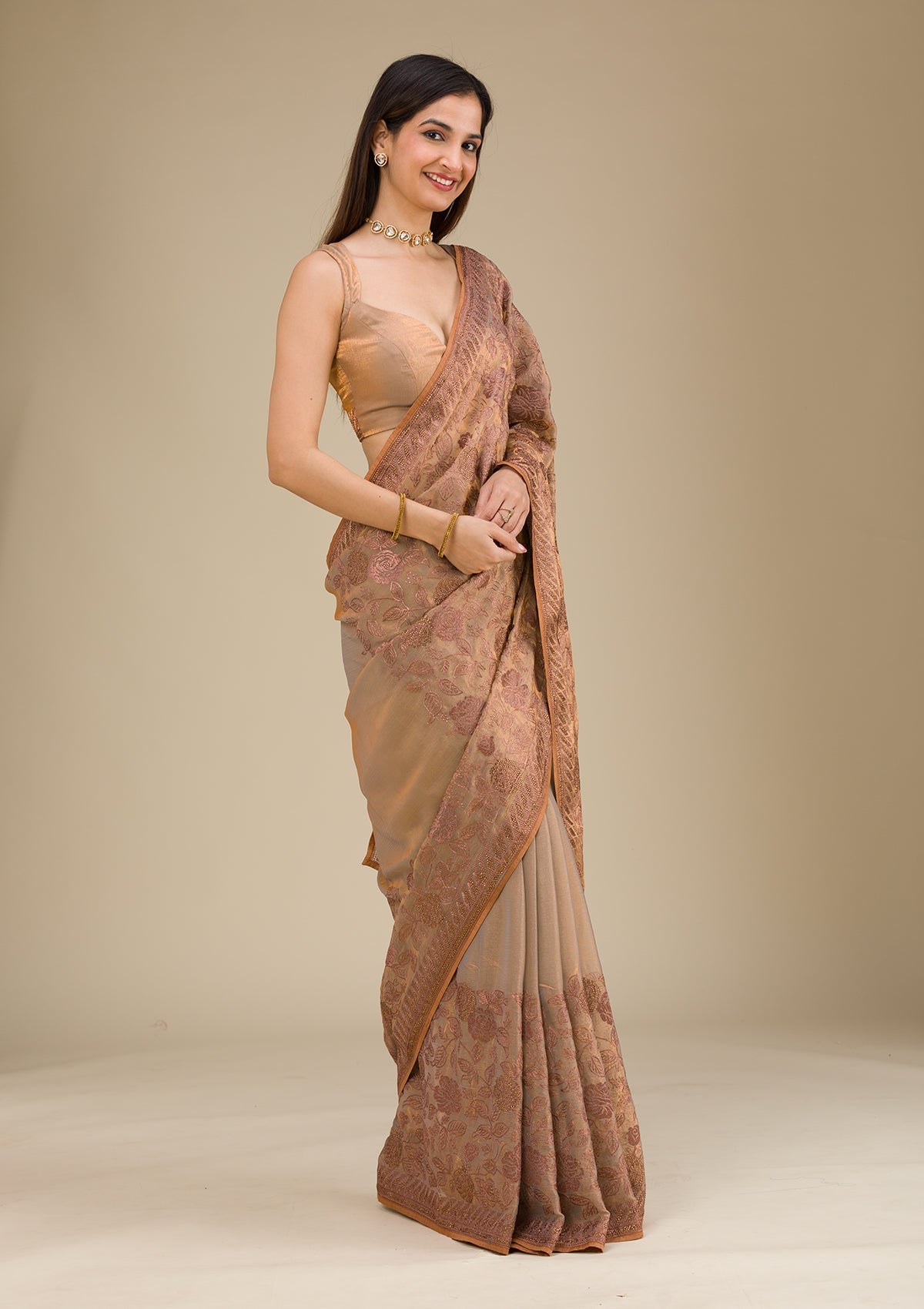 Beige Threadwork Raw Silk Saree-Koskii