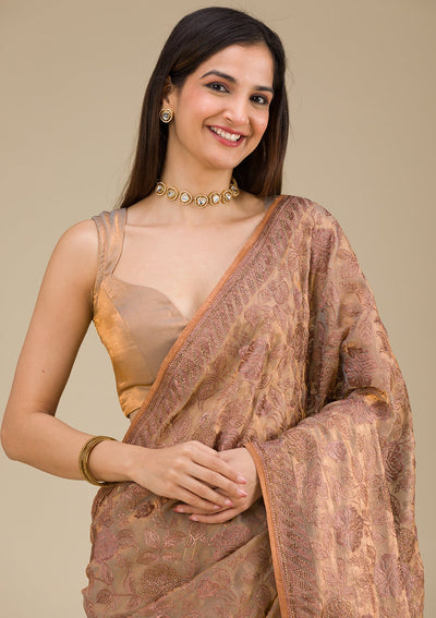 Beige Threadwork Raw Silk Saree-Koskii