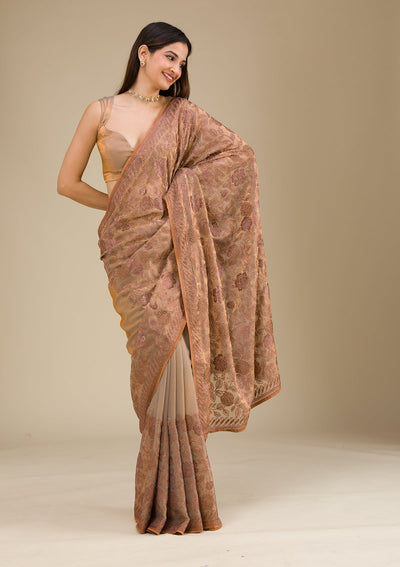 Beige Threadwork Raw Silk Saree-Koskii