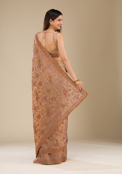 Beige Threadwork Raw Silk Saree-Koskii