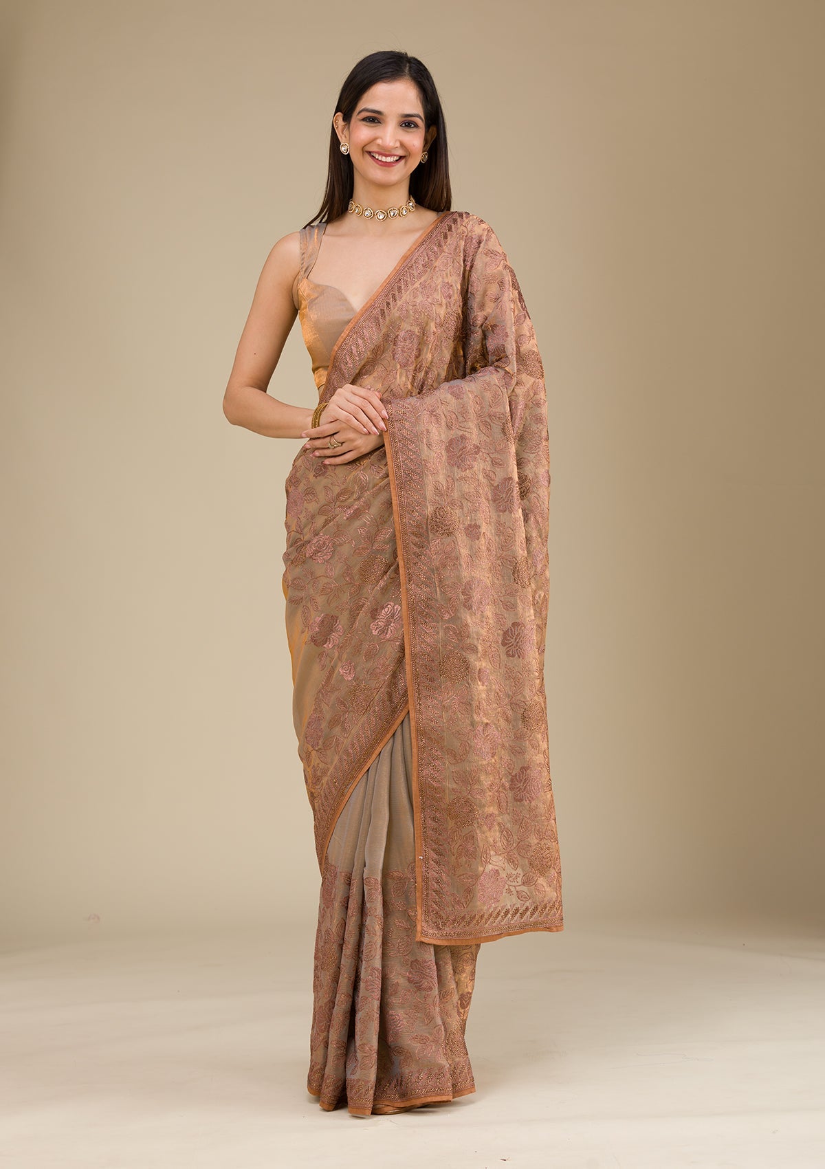 Beige Threadwork Raw Silk Saree-Koskii