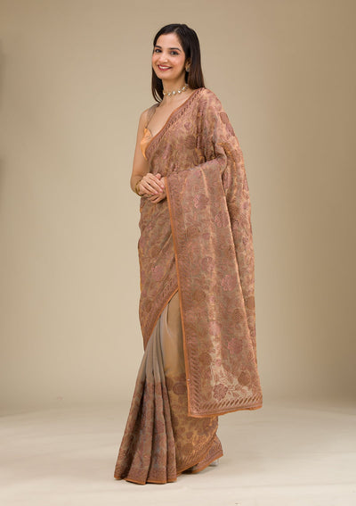 Beige Threadwork Raw Silk Saree-Koskii