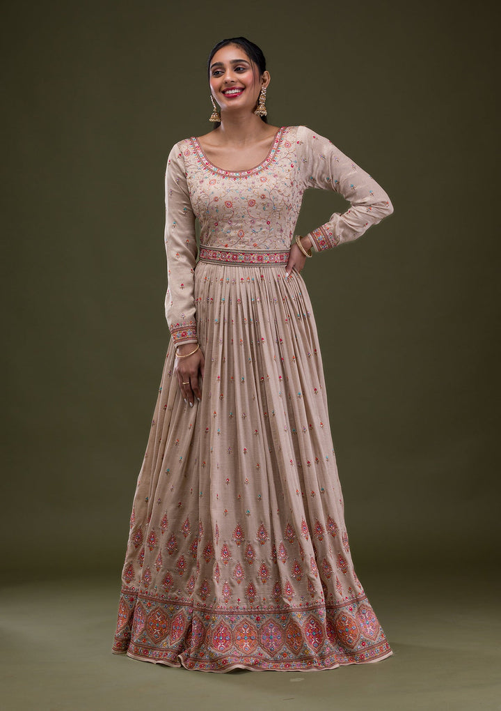 Beige Threadwork Semi Crepe Readymade Salwar Suit-Koskii