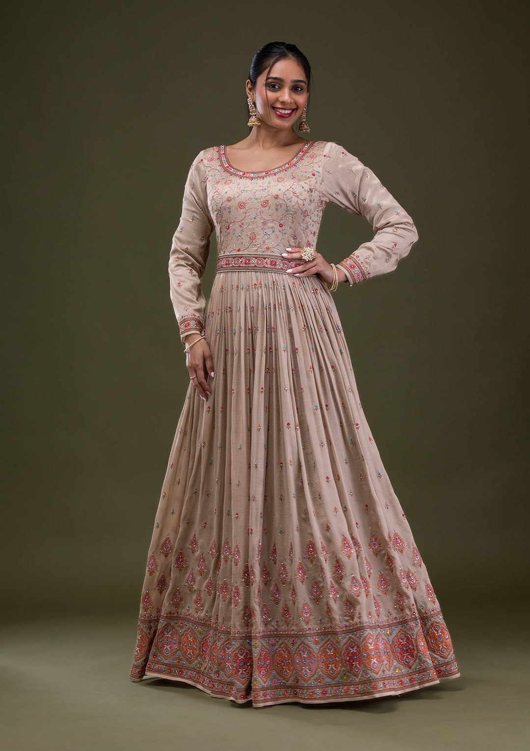 Beige Threadwork Semi Crepe Readymade Salwar Suit-Koskii