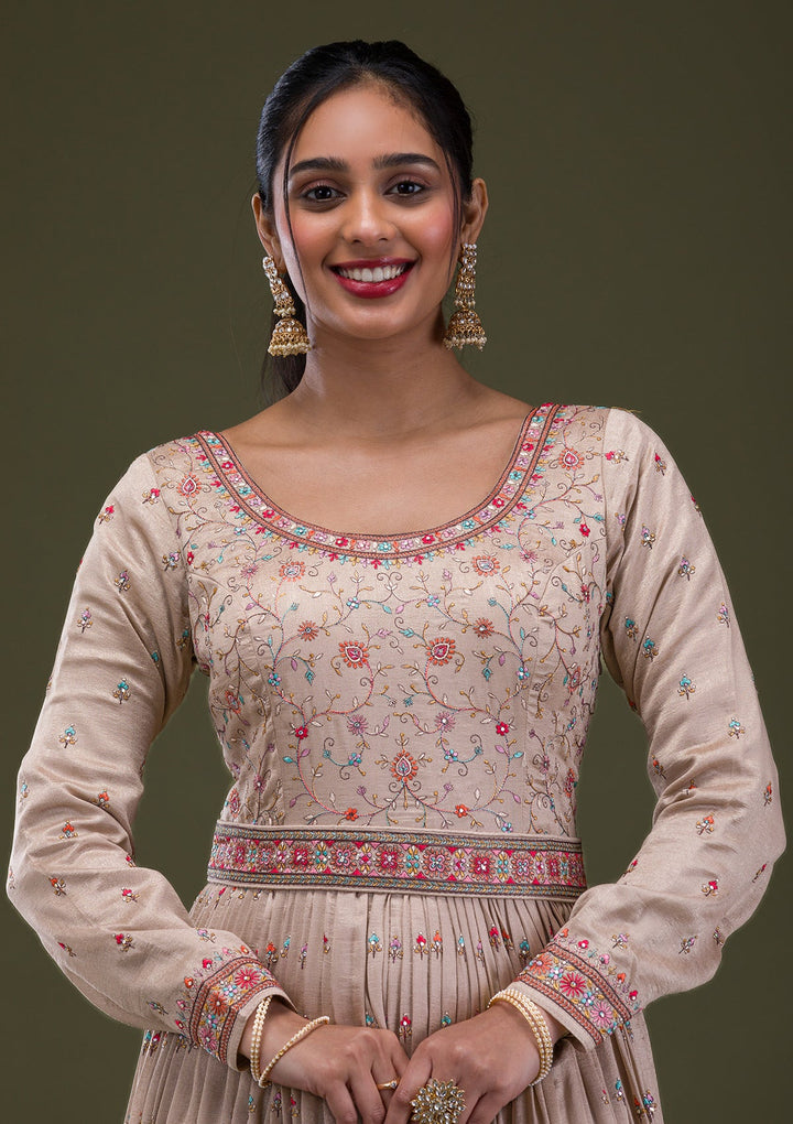 Beige Threadwork Semi Crepe Readymade Salwar Suit-Koskii