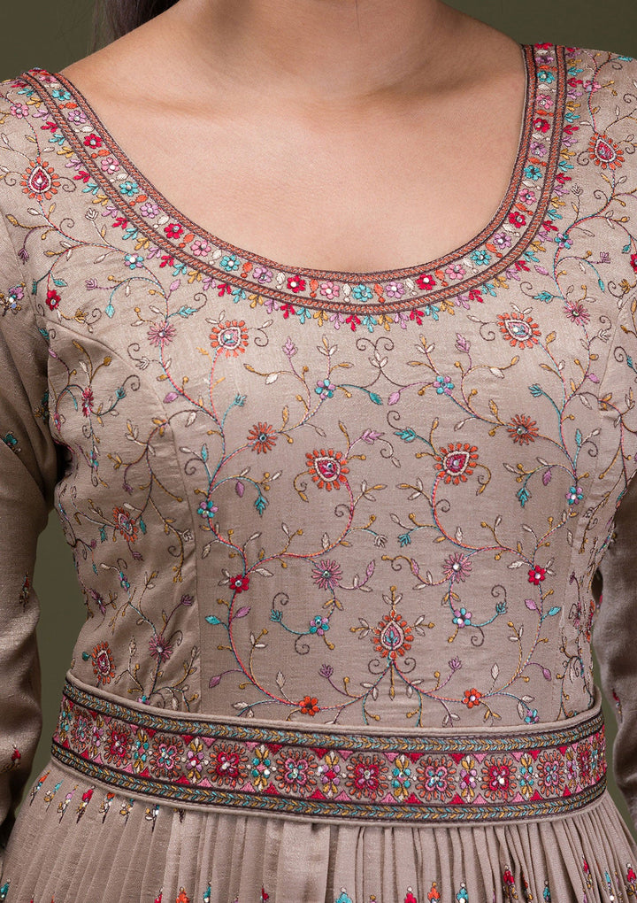 Beige Threadwork Semi Crepe Readymade Salwar Suit-Koskii