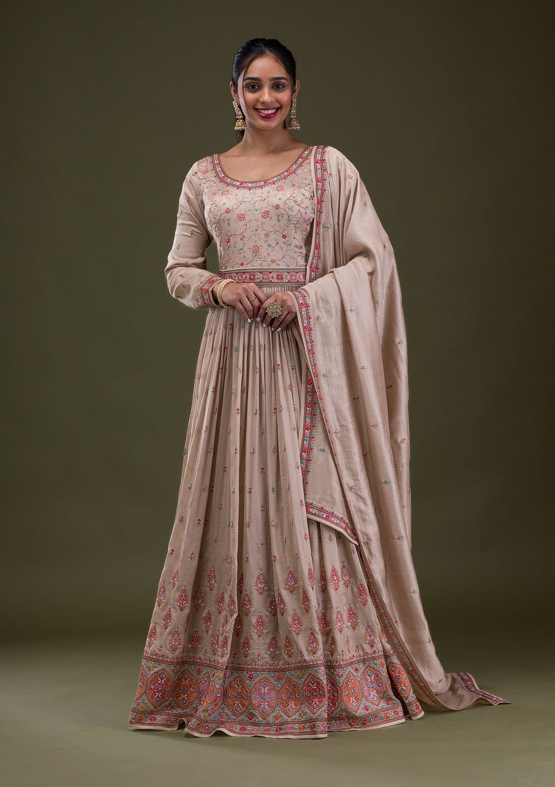 Beige Threadwork Semi Crepe Readymade Salwar Suit-Koskii
