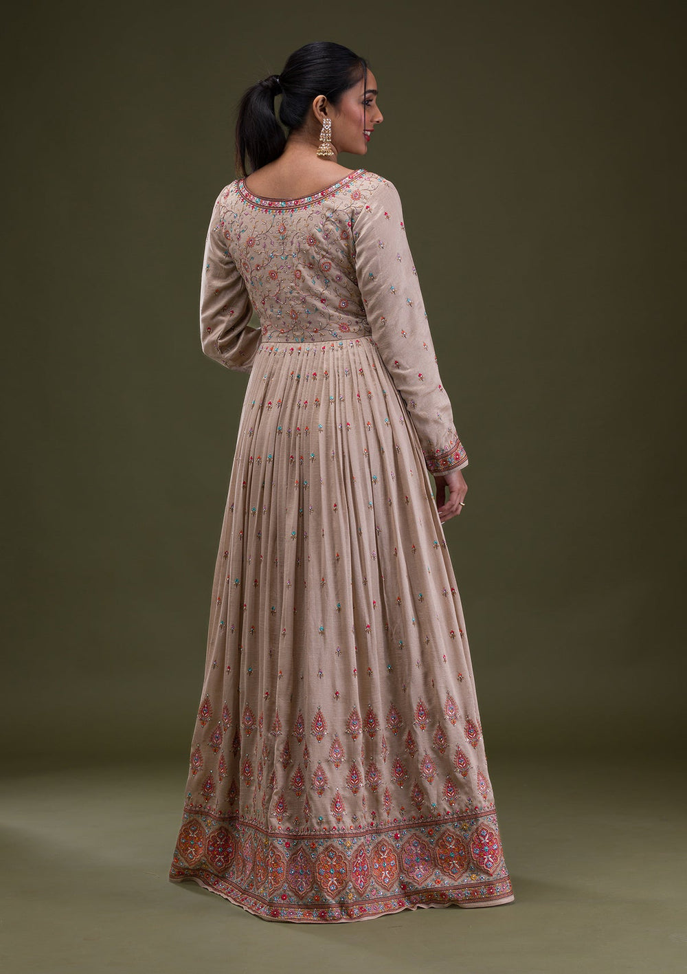 Beige Threadwork Semi Crepe Readymade Salwar Suit-Koskii