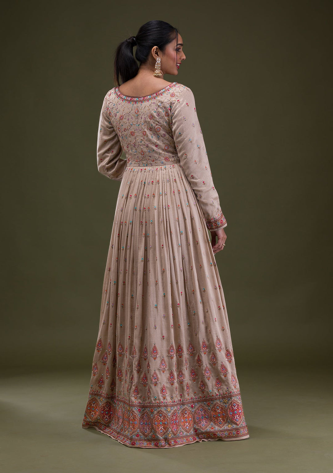Beige Threadwork Semi Crepe Readymade Salwar Suit-Koskii