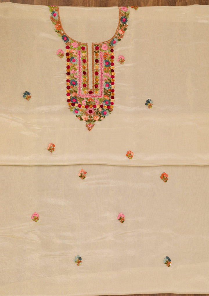 Beige Threadwork Semi Crepe Unstitched Salwar Suit-Koskii