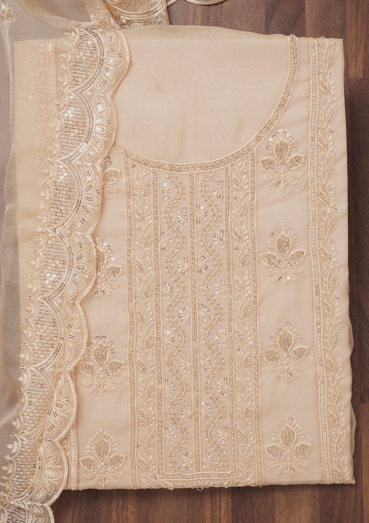 Beige Threadwork Semi Crepe Unstitched Salwar Suit-Koskii