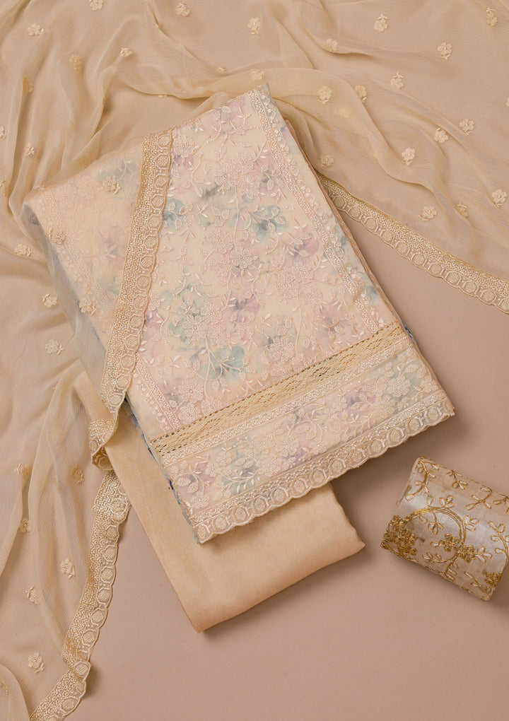 Beige Threadwork Tissue Unstitched Salwar Suit
