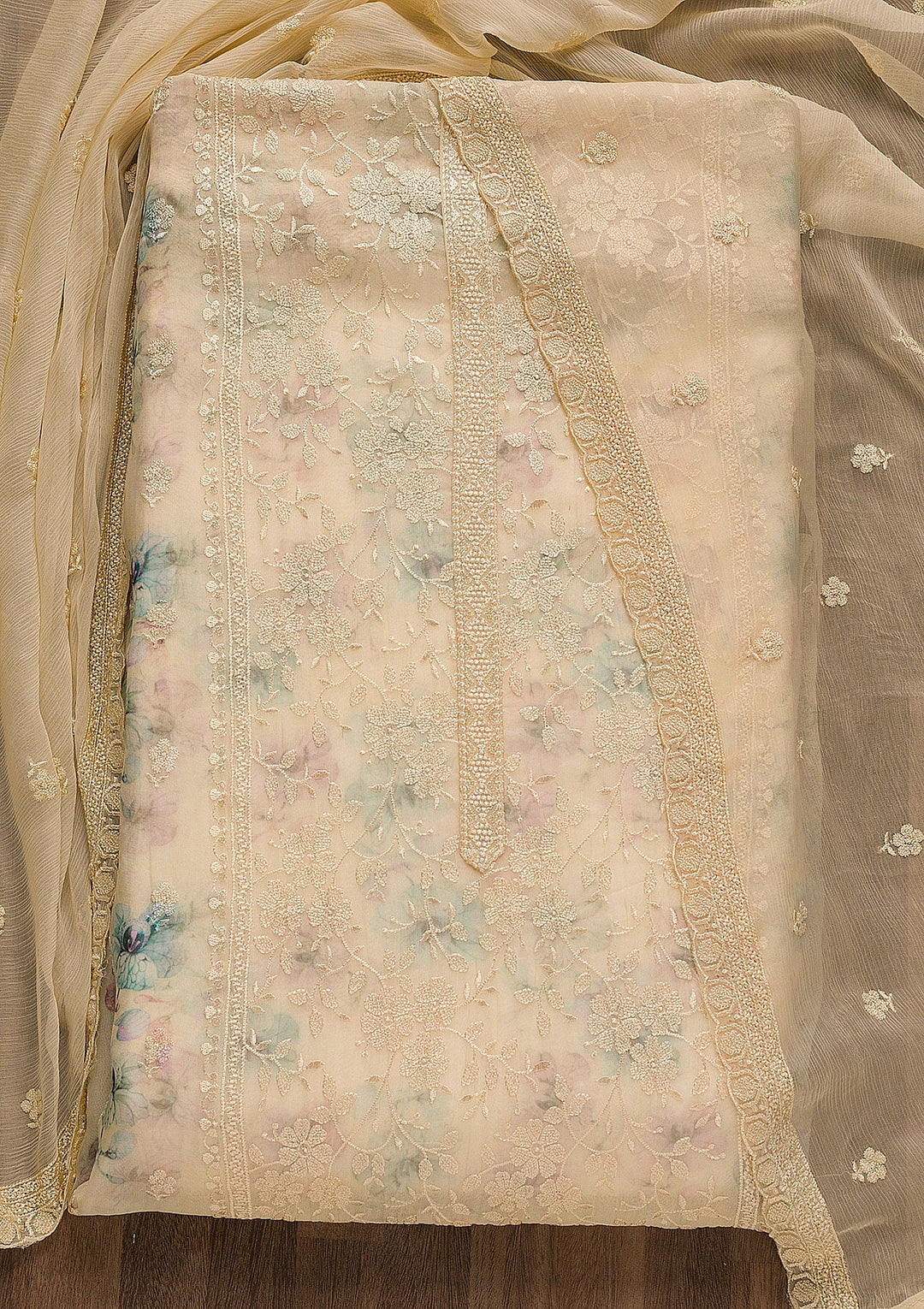 Beige Threadwork Tissue Unstitched Salwar Suit-Koskii
