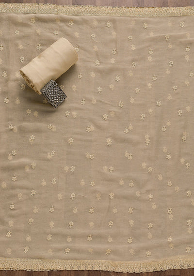 Beige Threadwork Tissue Unstitched Salwar Suit-Koskii