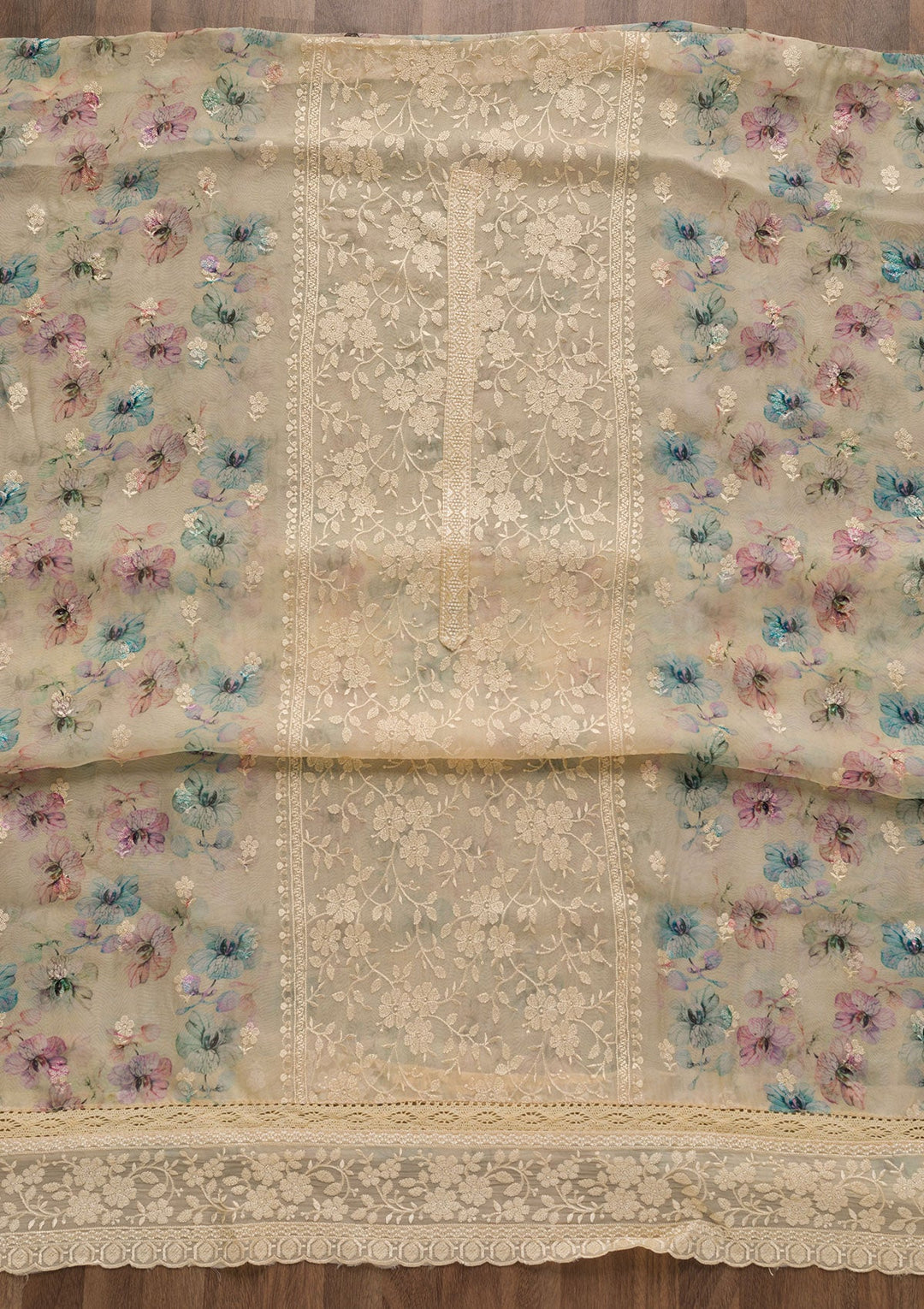 Beige Threadwork Tissue Unstitched Salwar Suit-Koskii
