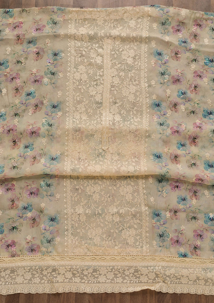 Beige Threadwork Tissue Unstitched Salwar Suit-Koskii