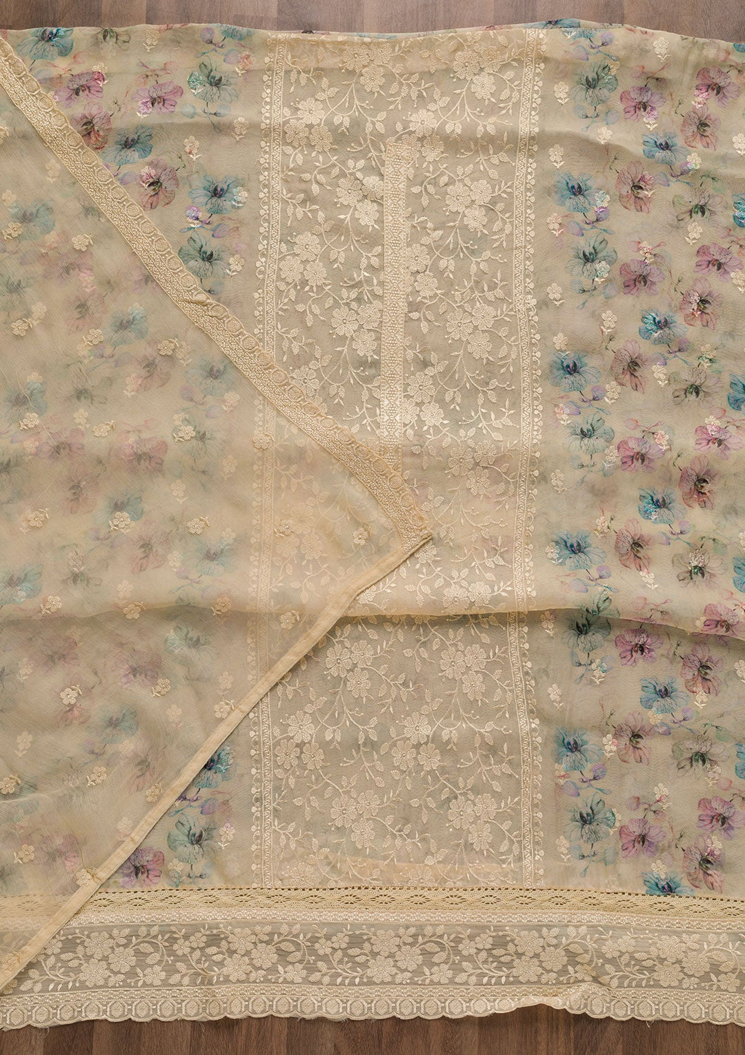 Beige Threadwork Tissue Unstitched Salwar Suit-Koskii