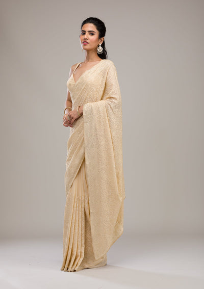 Beige Threadwork Tissue Saree-Koskii