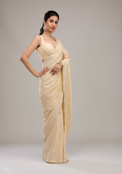 Beige Threadwork Tissue Saree-Koskii