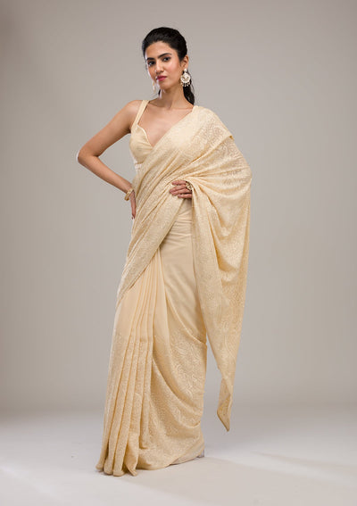 Beige Threadwork Tissue Saree-Koskii