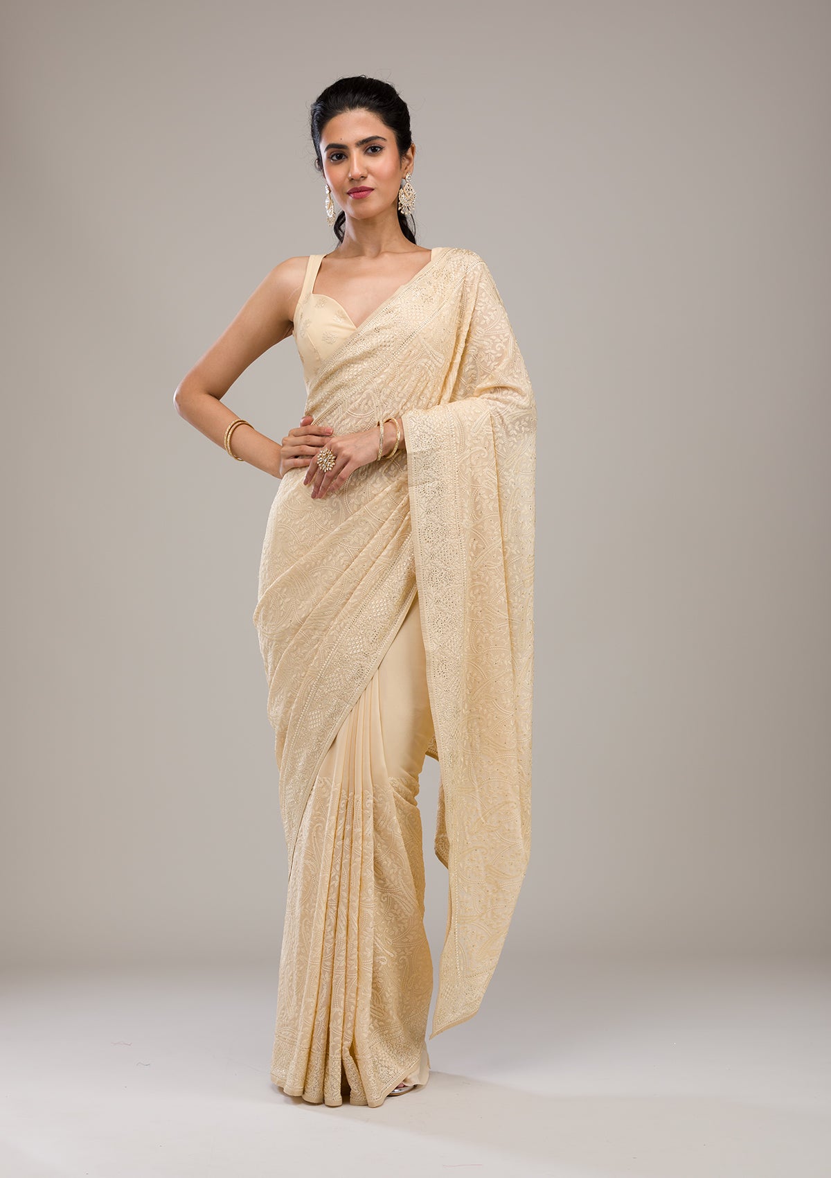 Beige Threadwork Tissue Saree-Koskii