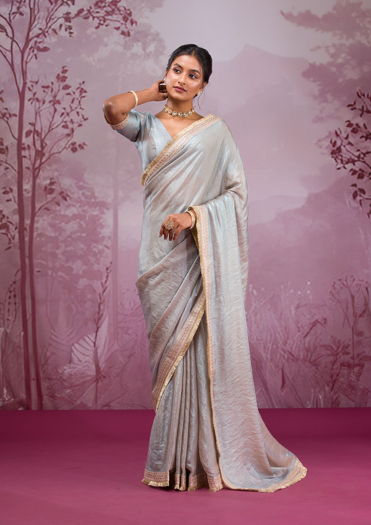 Beige Threadwork Tissue Saree-Koskii