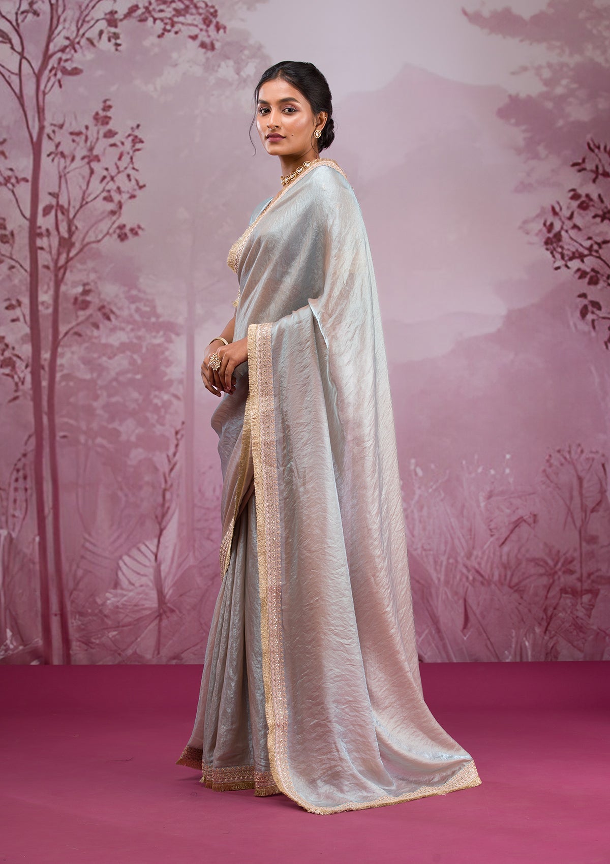 Beige Threadwork Tissue Saree-Koskii