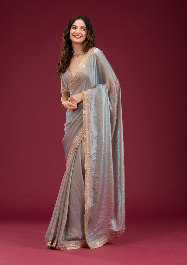 Beige Threadwork Tissue Saree