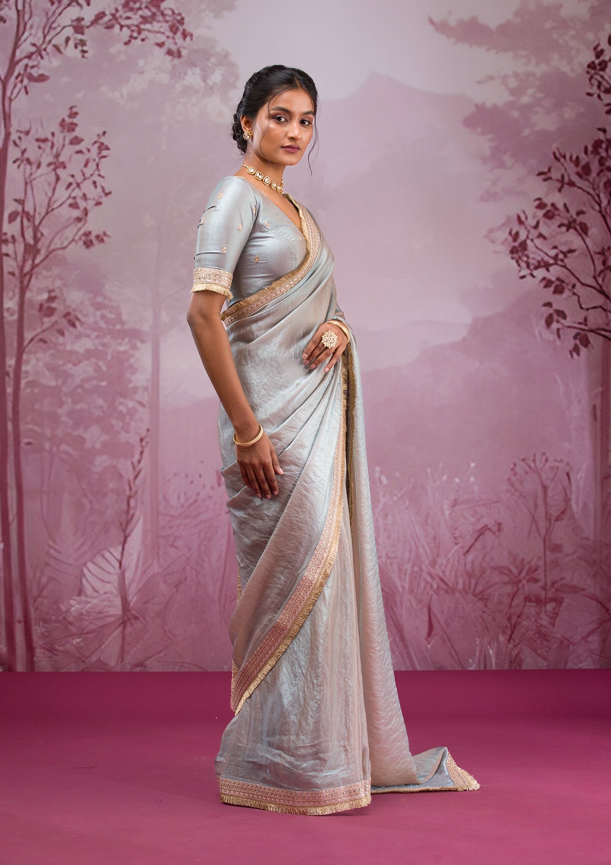 Beige Threadwork Tissue Saree-Koskii