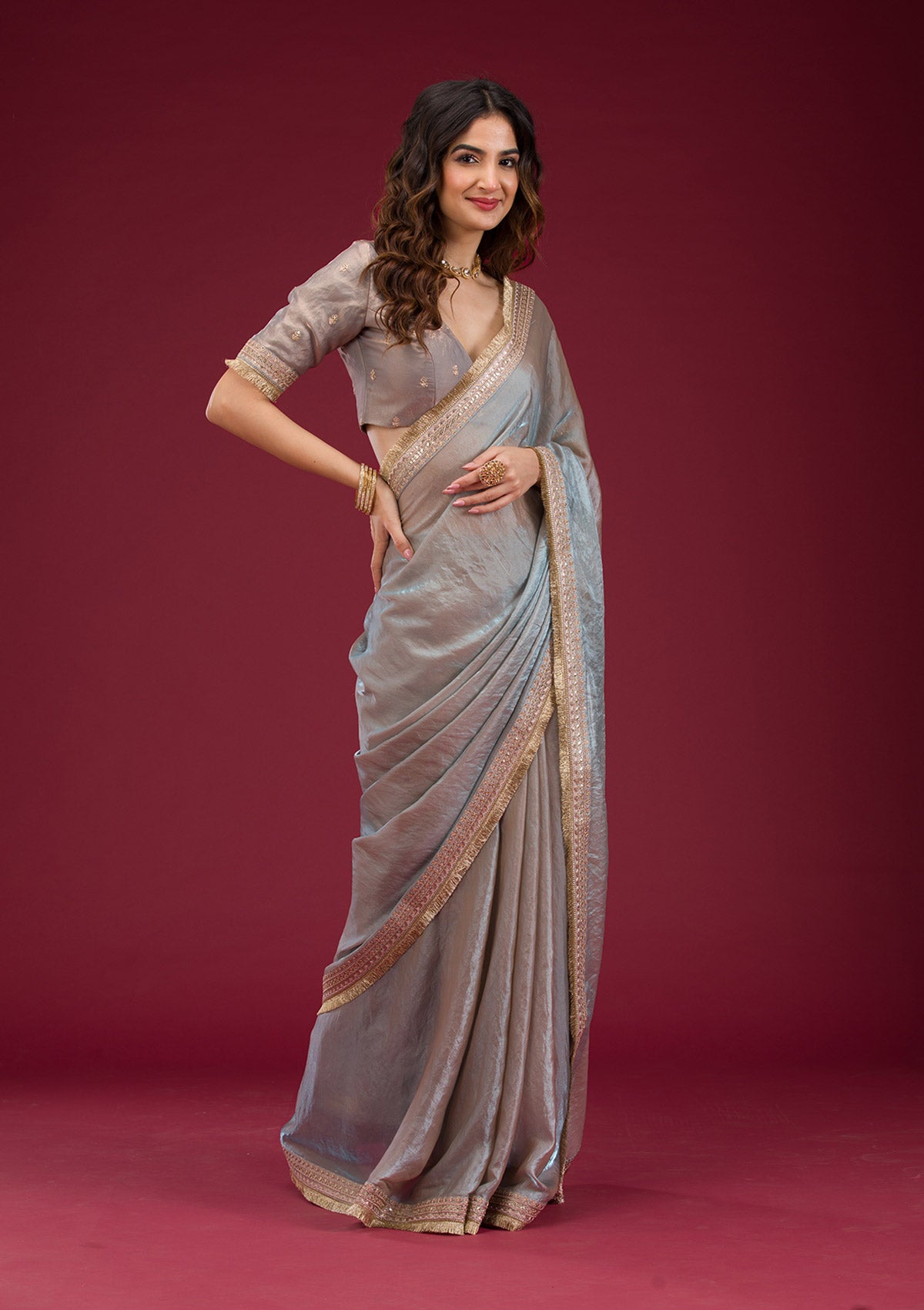 Beige Threadwork Tissue Saree