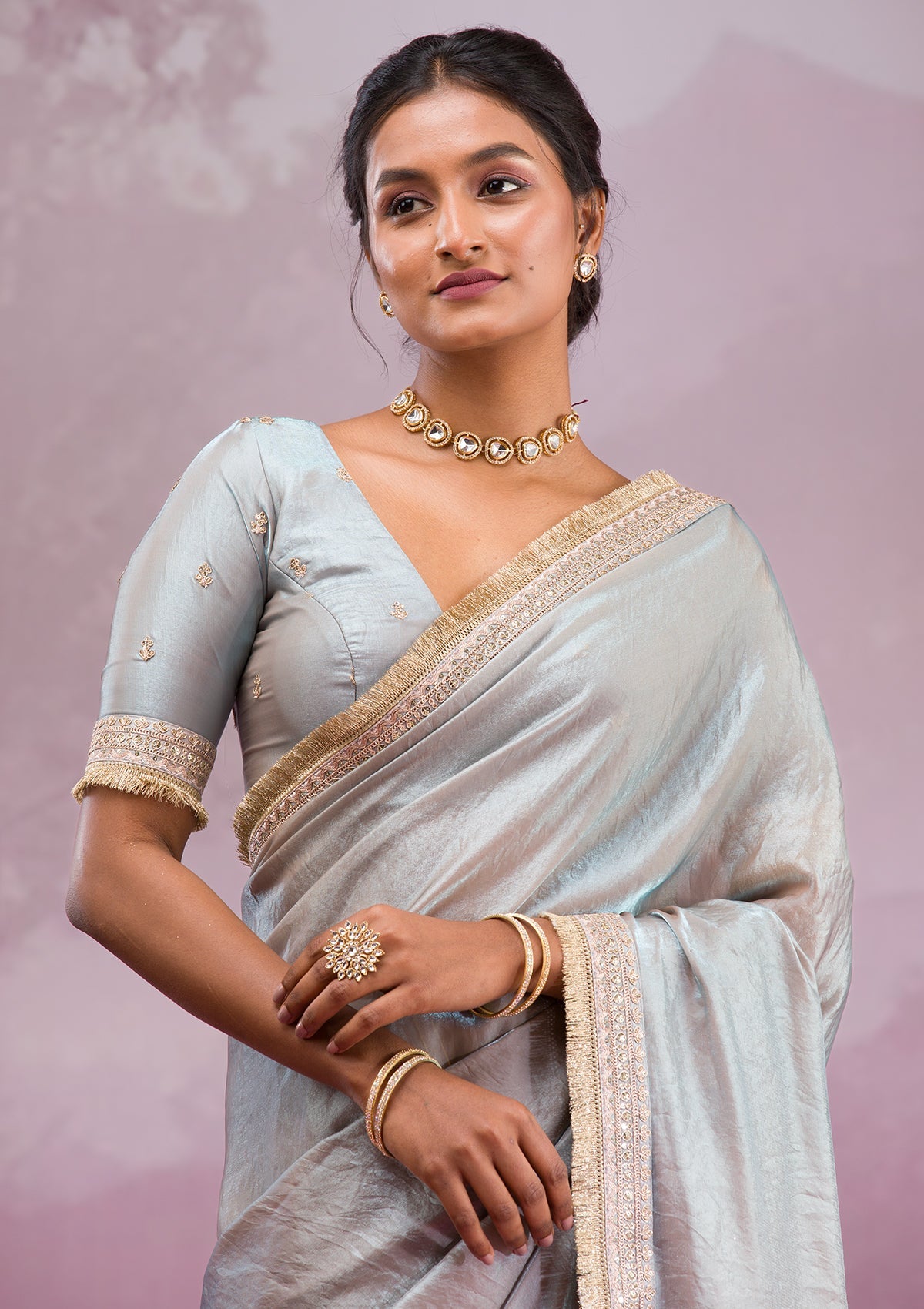 Beige Threadwork Tissue Saree-Koskii