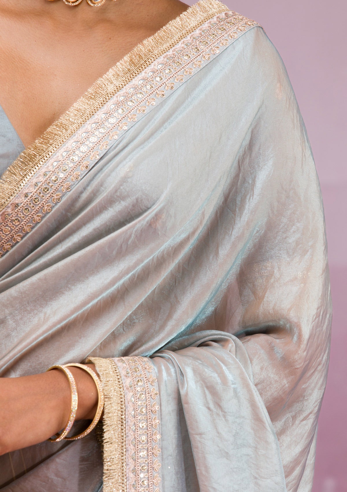 Beige Threadwork Tissue Saree-Koskii