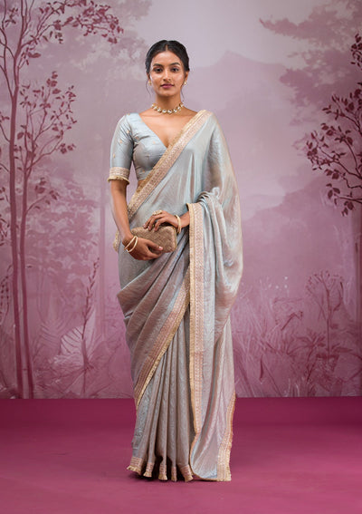 Beige Threadwork Tissue Saree-Koskii