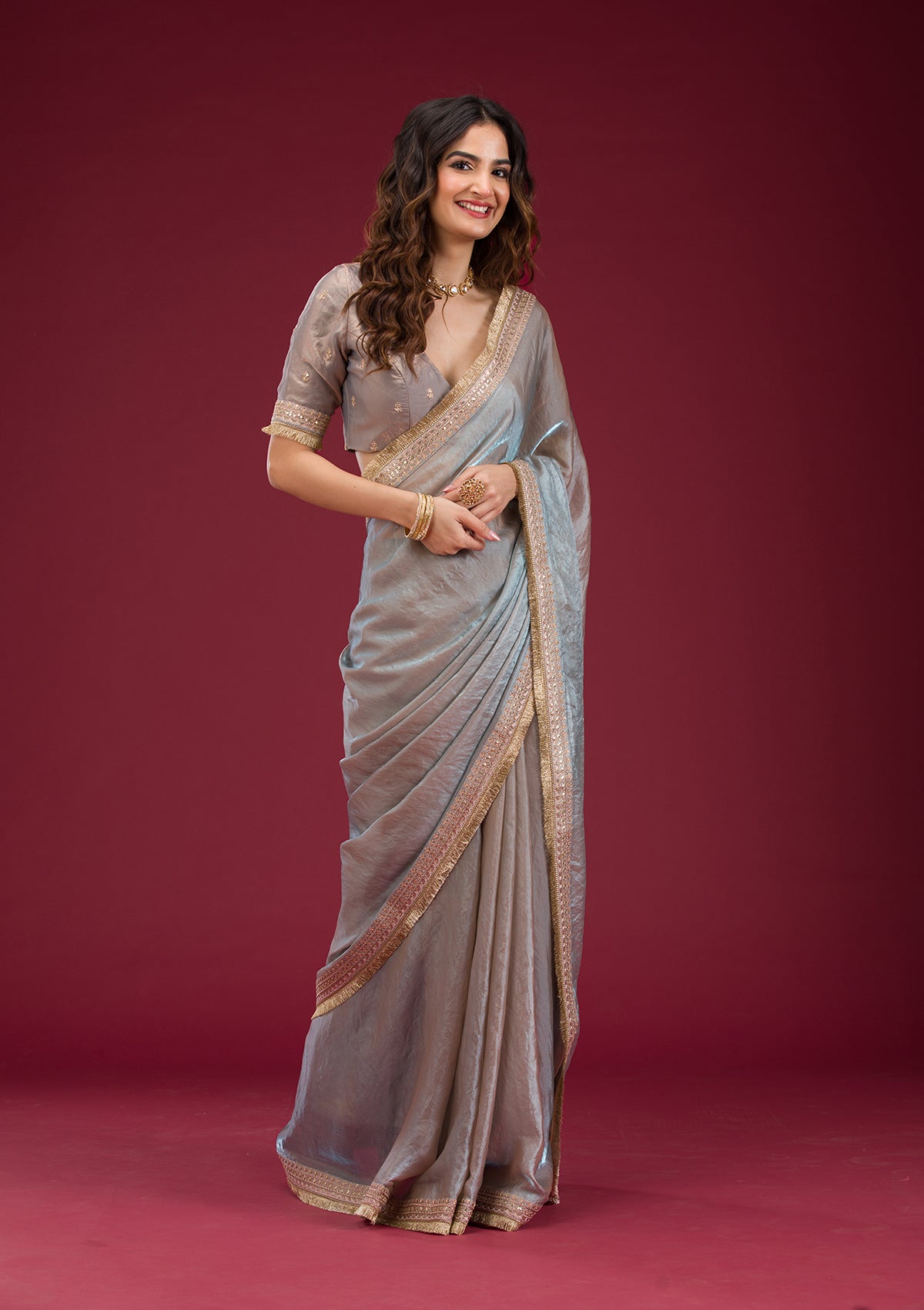 Beige Threadwork Tissue Saree