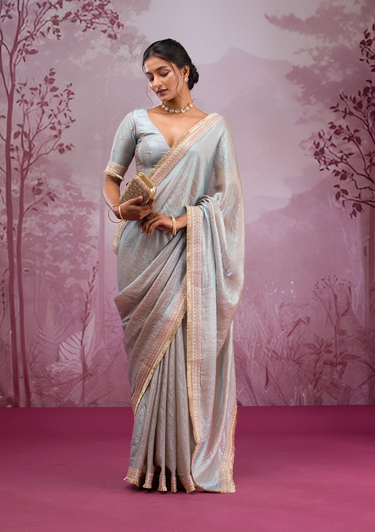 Beige Threadwork Tissue Saree-Koskii