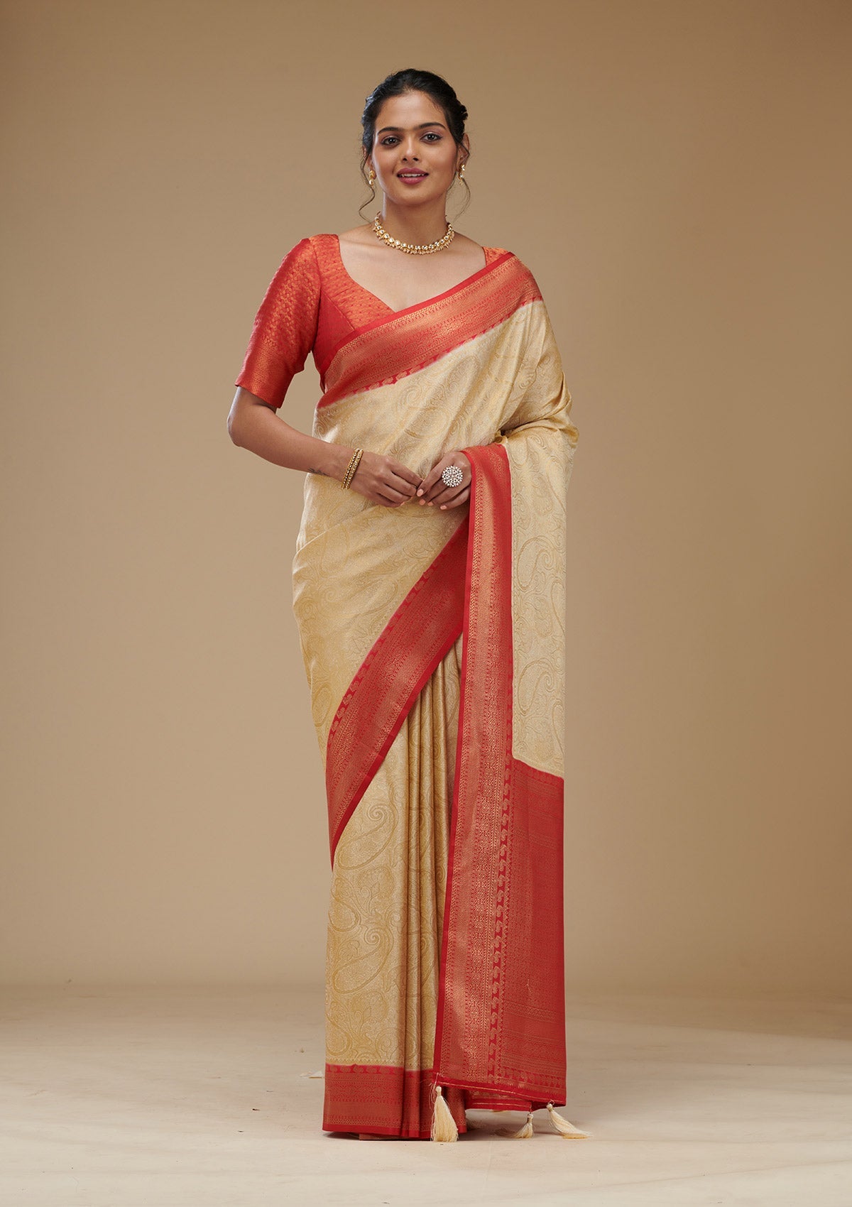 Beige Zariwork Art Silk Saree-Koskii