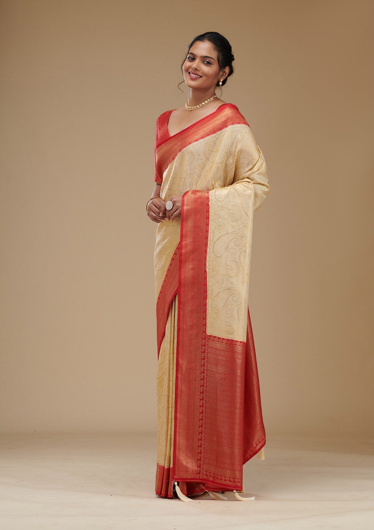 Beige Zariwork Art Silk Saree-Koskii