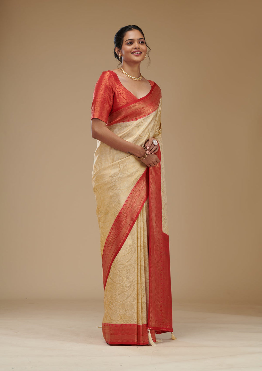 Beige Zariwork Art Silk Saree-Koskii