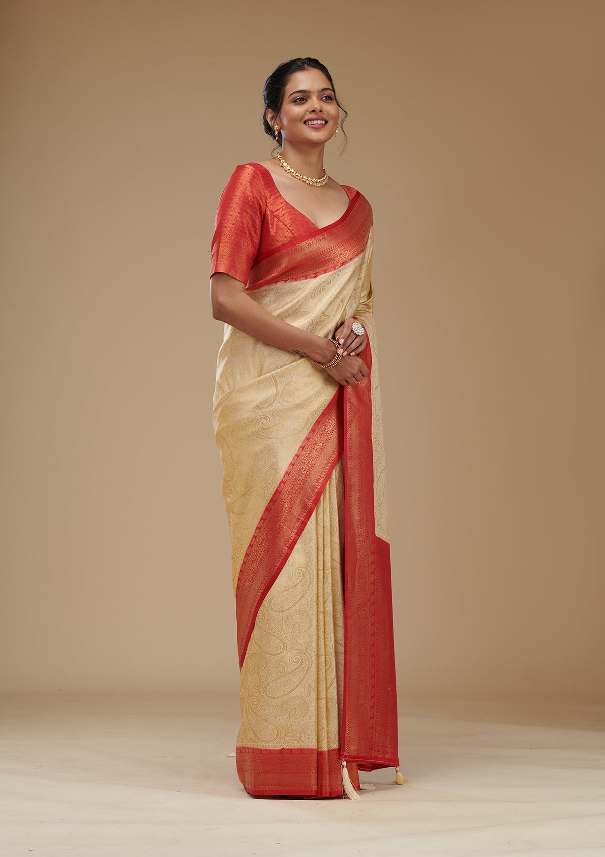 Beige Zariwork Art Silk Saree-Koskii