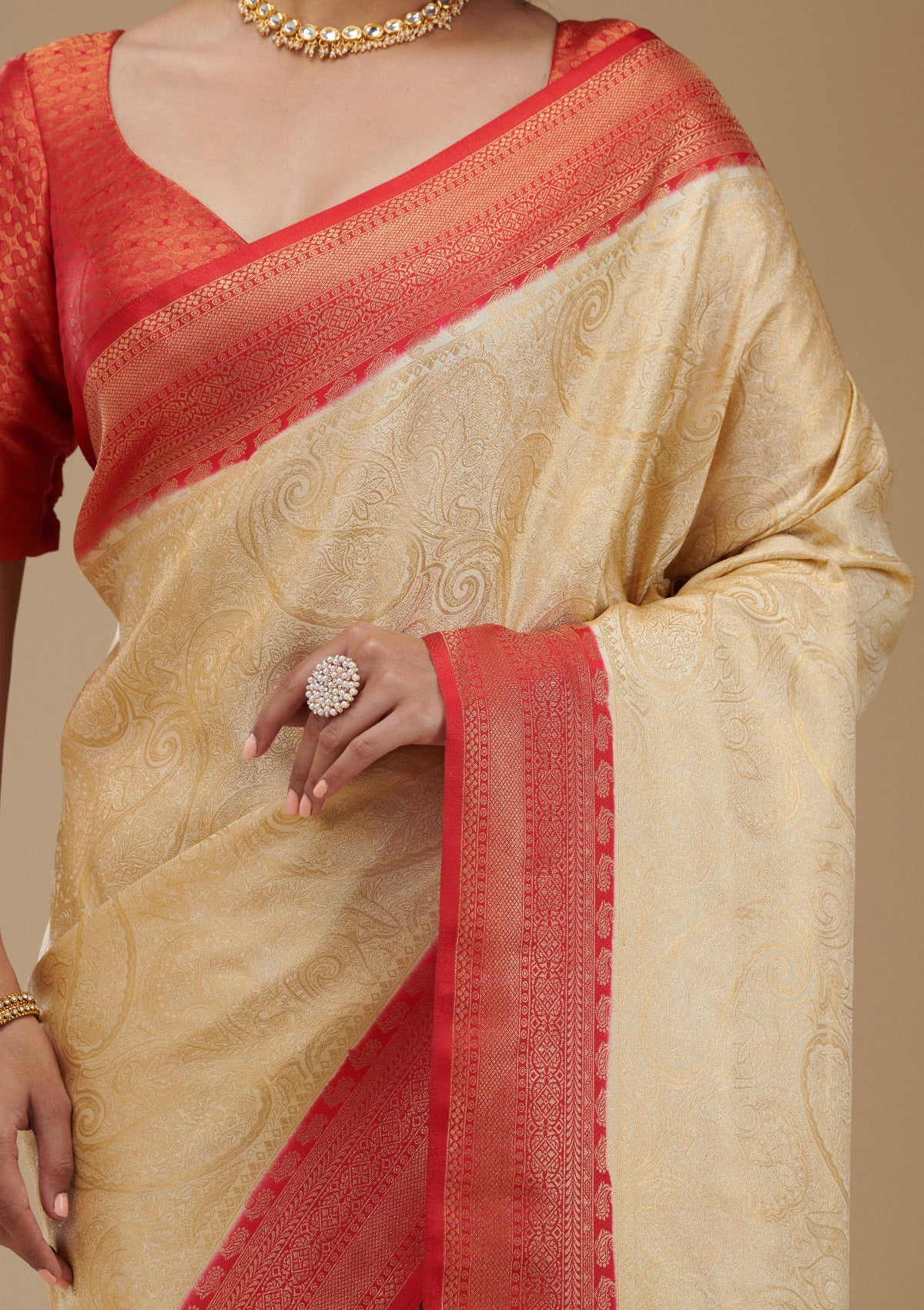 Beige Zariwork Art Silk Saree-Koskii