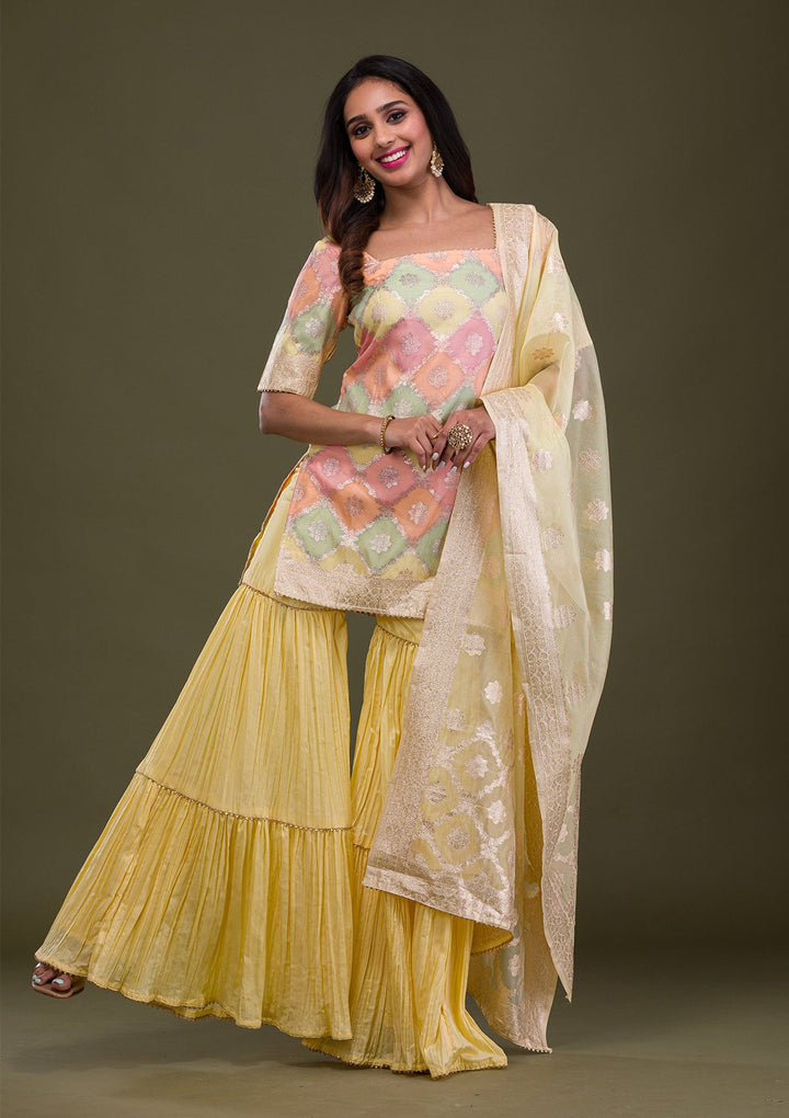 Beige Zariwork Banarasi Readymade Sharara Kameez